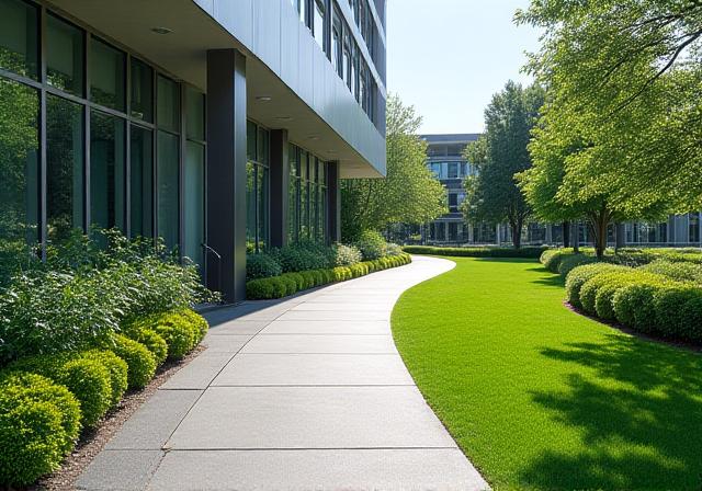 A meticulously maintained commercial property entrance with lush landscaping