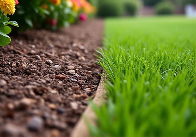 Close-up of precise garden edging separating a flower bed from lawn