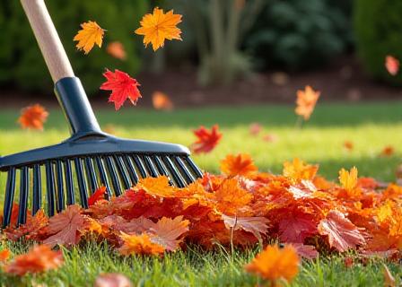 Autumn leaves being cleared from a garden during cleanup