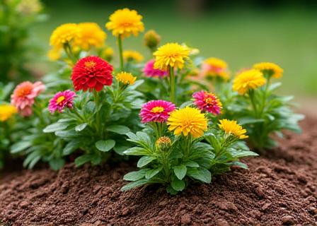 Freshly mulched flower bed with vibrant plants