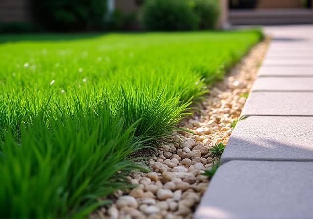 Vibrant green sod perfectly laid alongside a contrasting stone walkway