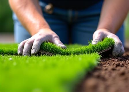 Worker meticulously laying fresh sod
